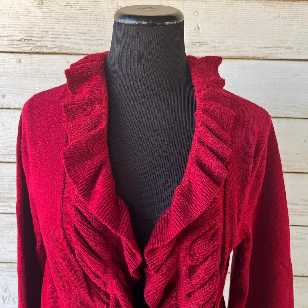 JANA Red Ruffled Cardigan Size Large - Picture 4 of 6
